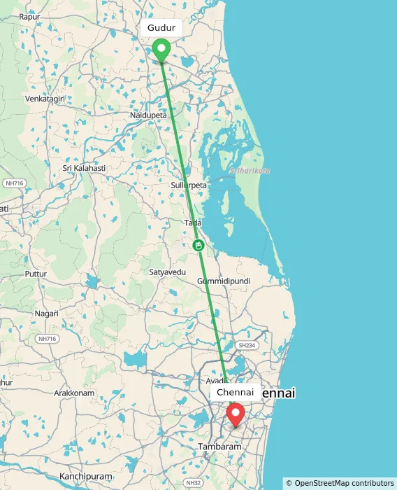 Route map showing distance and travel time from Gudur, India to Chennai, India