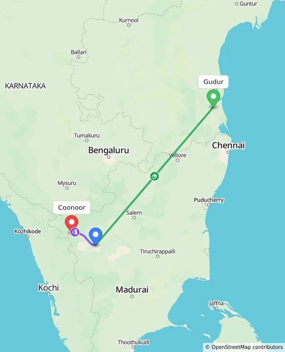 Route map showing distance and travel time from Gudur, India to Coonoor, India