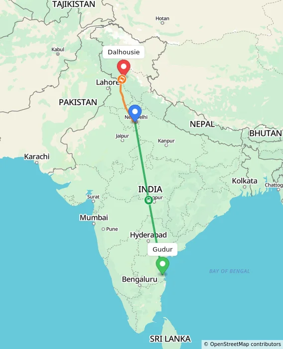 Route map showing distance and travel time from Gudur, India to Dalhousie, India