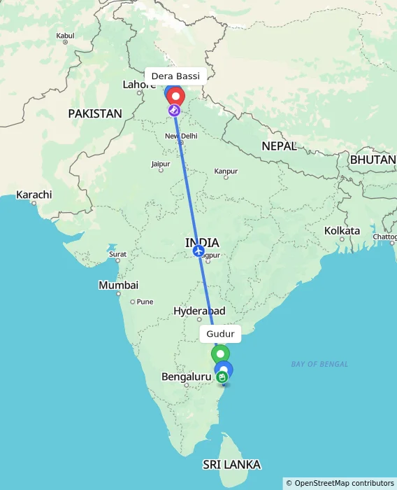 Route map showing distance and travel time from Gudur, India to Dera Bassi, India