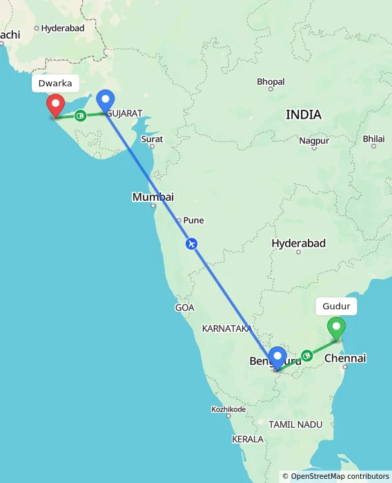 Route map showing distance and travel time from Gudur, India to Dwarka, India