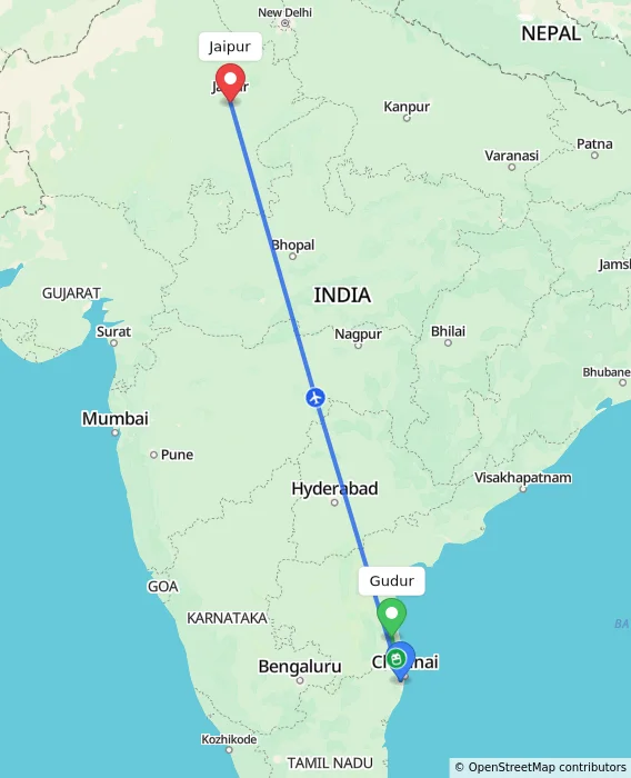 Route map showing distance and travel time from Gudur, India to Jaipur, India