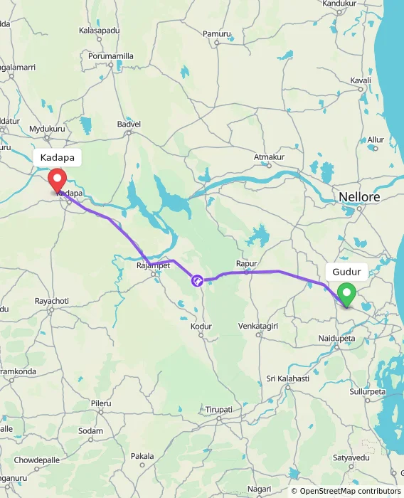 Route map showing distance and travel time from Gudur, India to Kadapa, India