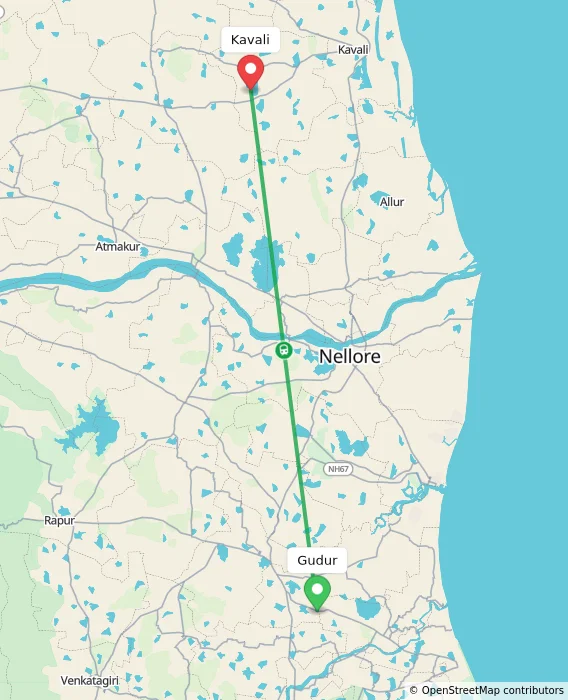 Route map showing distance and travel time from Gudur, India to Kavali, India