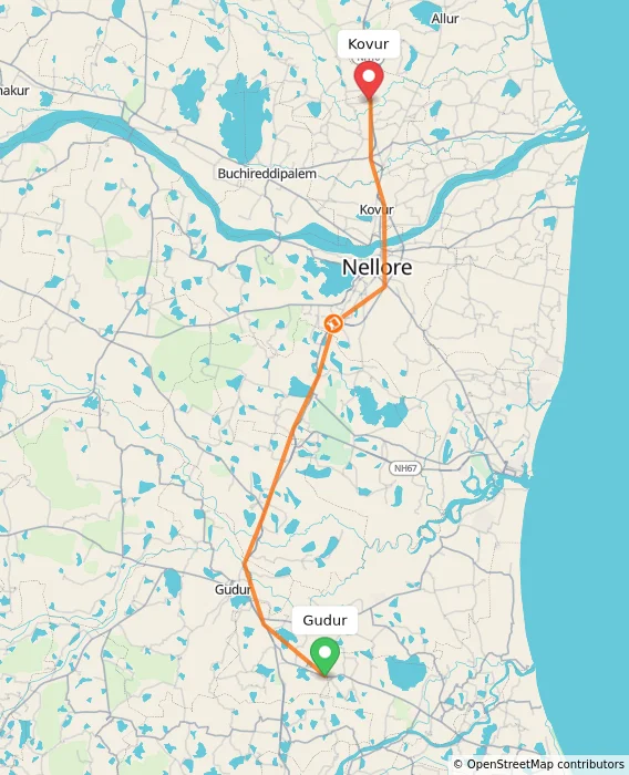 Route map showing distance and travel time from Gudur, India to Kovur, India