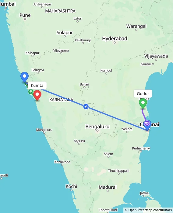 Route map showing distance and travel time from Gudur, India to Kumta, India