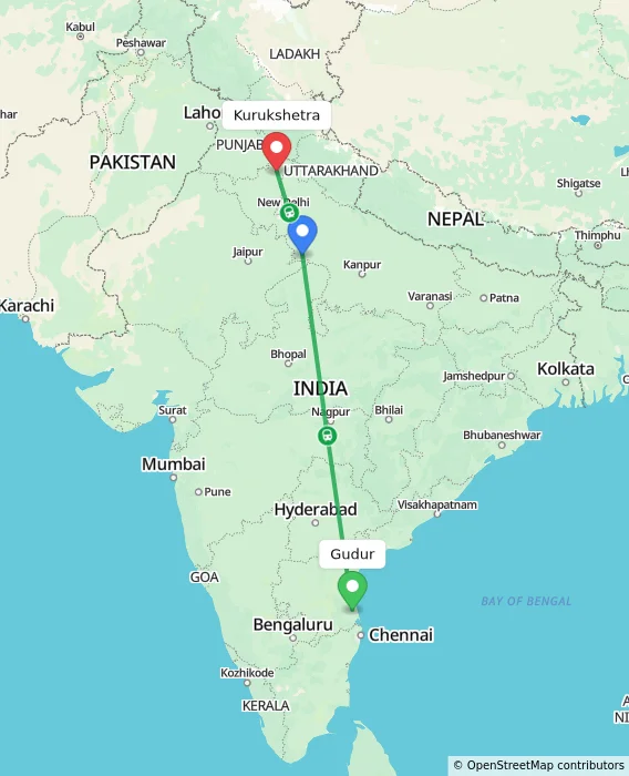 Route map showing distance and travel time from Gudur, India to Kurukshetra, India