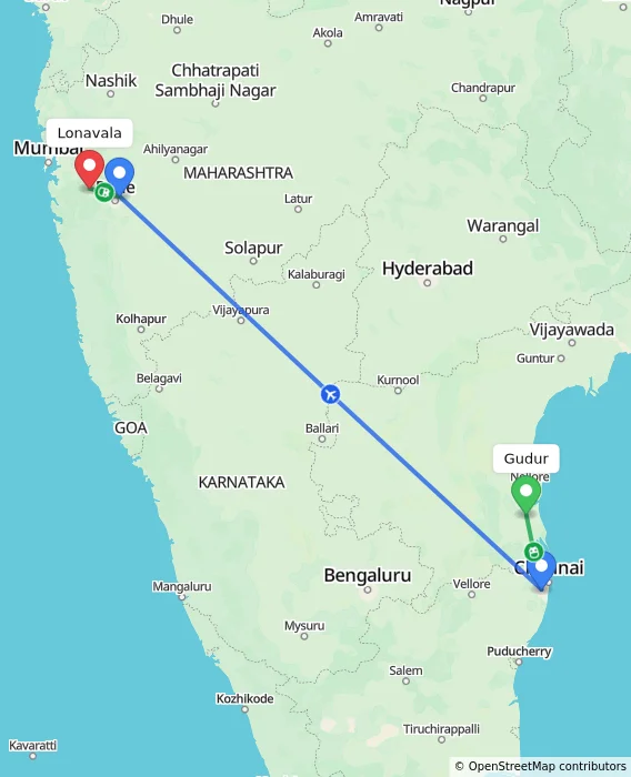 Route map showing distance and travel time from Gudur, India to Lonavala, India