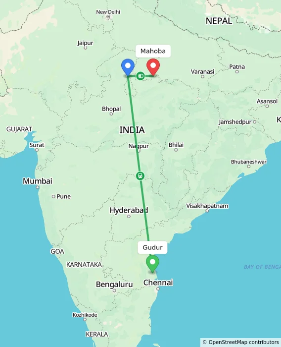 Route map showing distance and travel time from Gudur, India to Mahoba, India