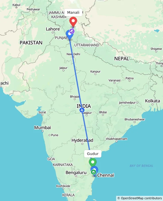 Route map showing distance and travel time from Gudur, India to Manali, India