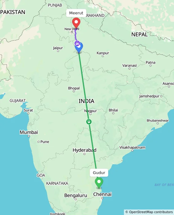Route map showing distance and travel time from Gudur, India to Meerut, India