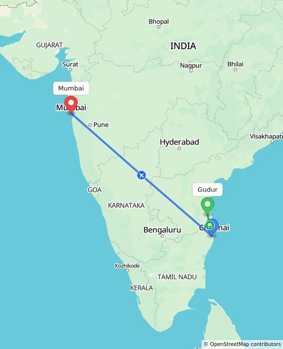 Route map showing distance and travel time from Gudur, India to Mumbai, India