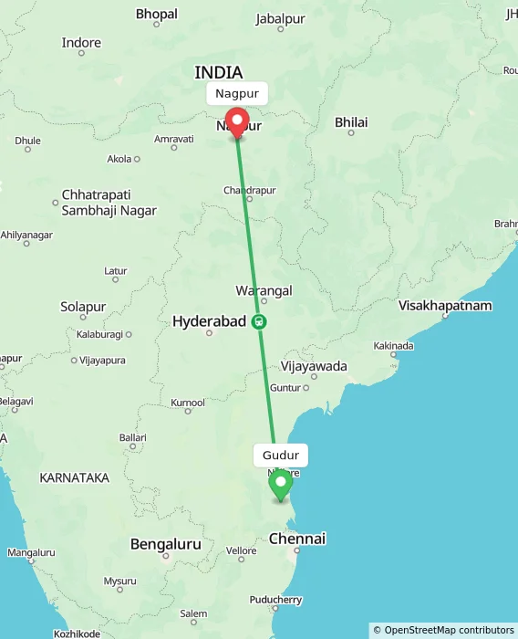 Route map showing distance and travel time from Gudur, India to Nagpur, India