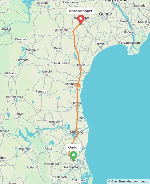 Route map showing distance and travel time from Gudur, India to Narasaraopet, India