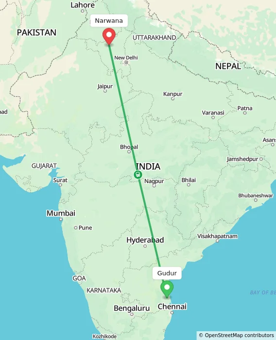 Route map showing distance and travel time from Gudur, India to Narwana, India