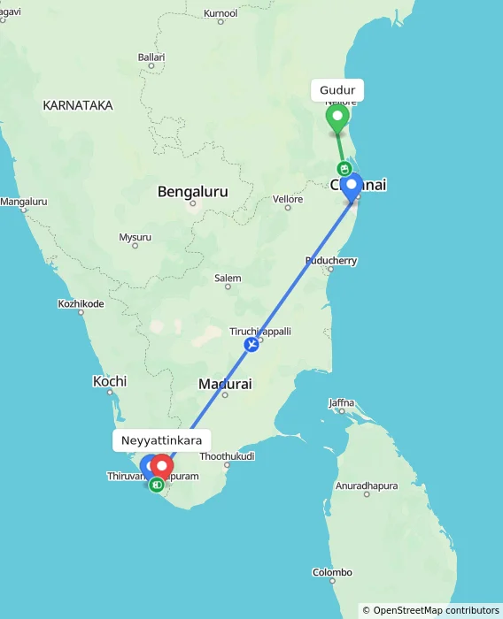 Route map showing distance and travel time from Gudur, India to Neyyattinkara, India