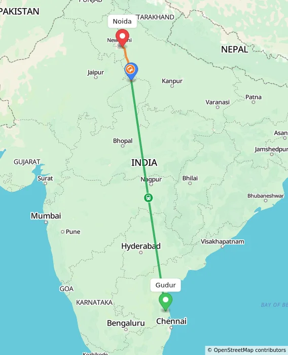 Route map showing distance and travel time from Gudur, India to Noida, India