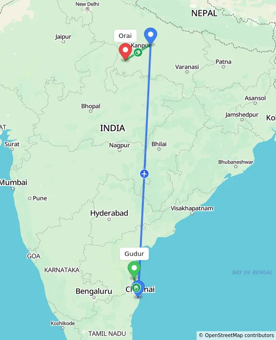 Route map showing distance and travel time from Gudur, India to Orai, India