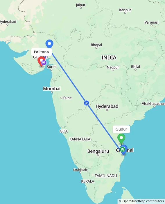 Route map showing distance and travel time from Gudur, India to Palitana, India