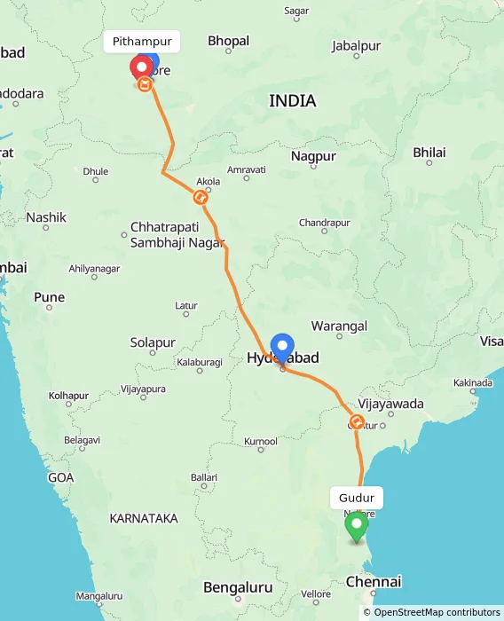 Route map showing distance and travel time from Gudur, India to Pithampur, India