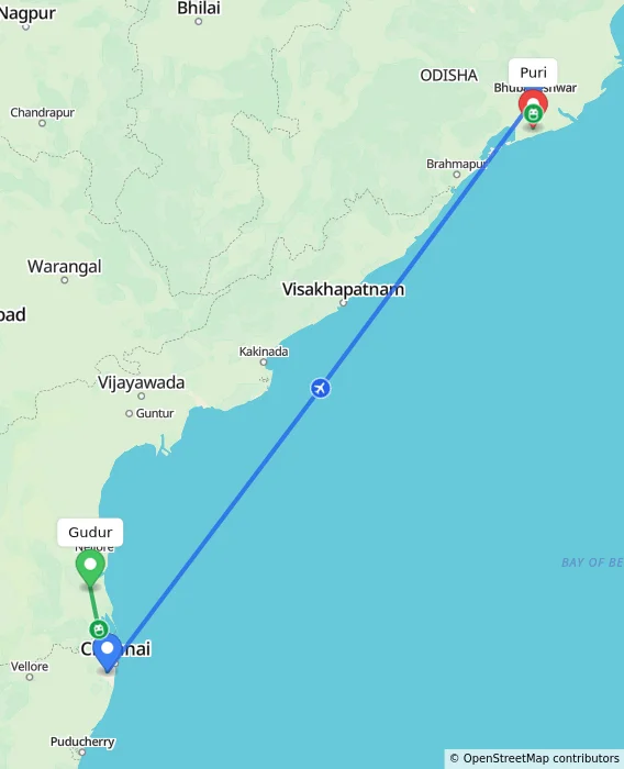 Route map showing distance and travel time from Gudur, India to Puri, India