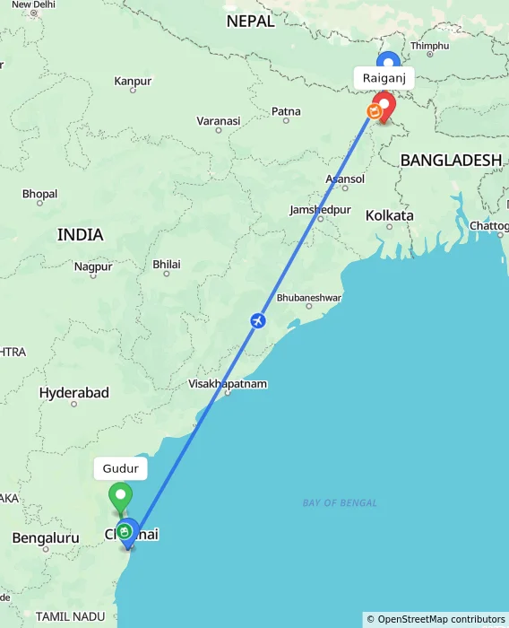 Route map showing distance and travel time from Gudur, India to Raiganj, India