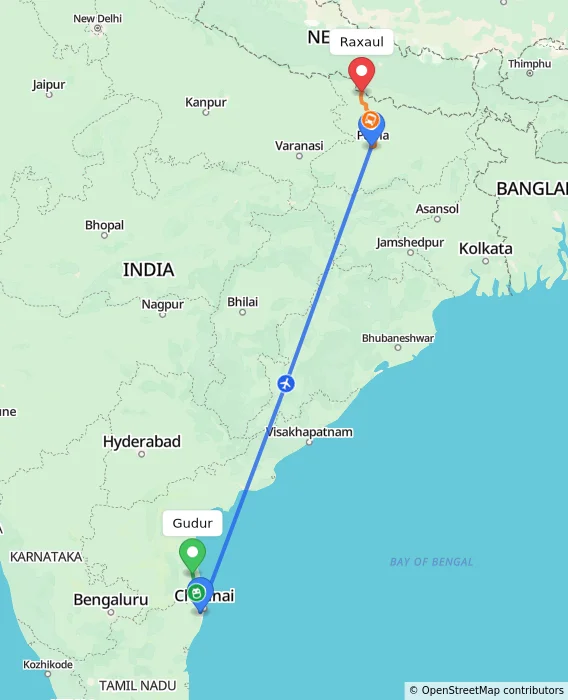 Route map showing distance and travel time from Gudur, India to Raxaul, India