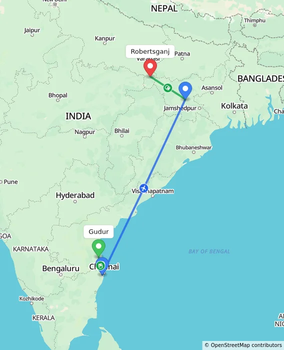 Route map showing distance and travel time from Gudur, India to Robertsganj, India