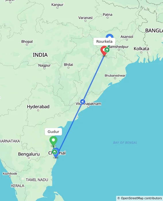 Route map showing distance and travel time from Gudur, India to Rourkela, India