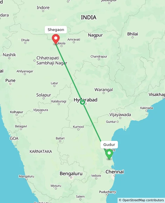 Route map showing distance and travel time from Gudur, India to Shegaon, India