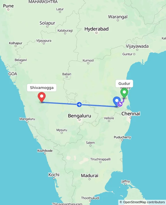 Route map showing distance and travel time from Gudur, India to Shivamogga, India