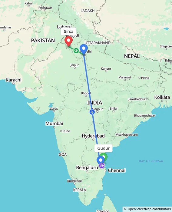 Route map showing distance and travel time from Gudur, India to Sirsa, India