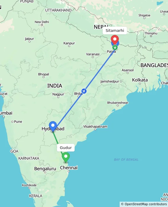 Route map showing distance and travel time from Gudur, India to Sitamarhi, India