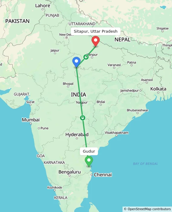 Route map showing distance and travel time from Gudur, India to Sitapur, Uttar Pradesh, India