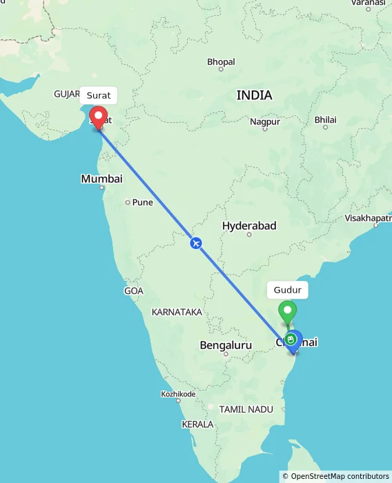 Route map showing distance and travel time from Gudur, India to Surat, India