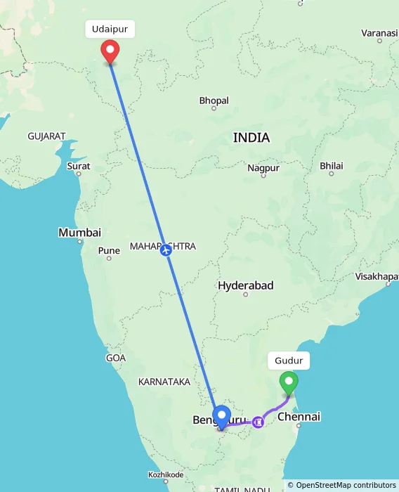 Route map showing distance and travel time from Gudur, India to Udaipur, India