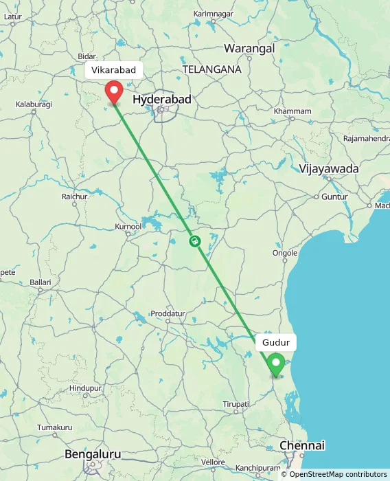 Route map showing distance and travel time from Gudur, India to Vikarabad, India