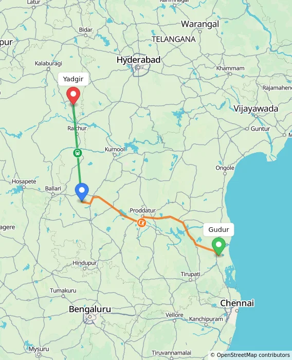 Route map showing distance and travel time from Gudur, India to Yadgir, India