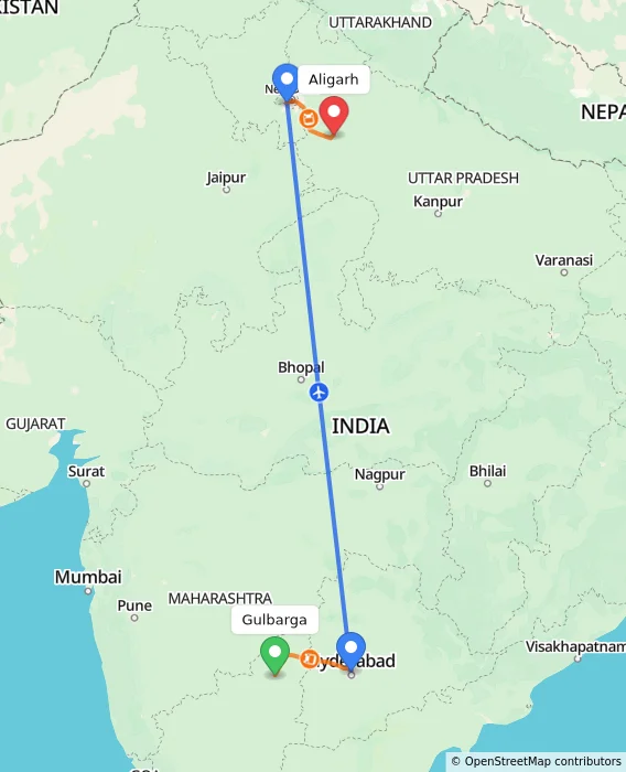 Route map showing distance and travel time from Gulbarga, India to Aligarh, India