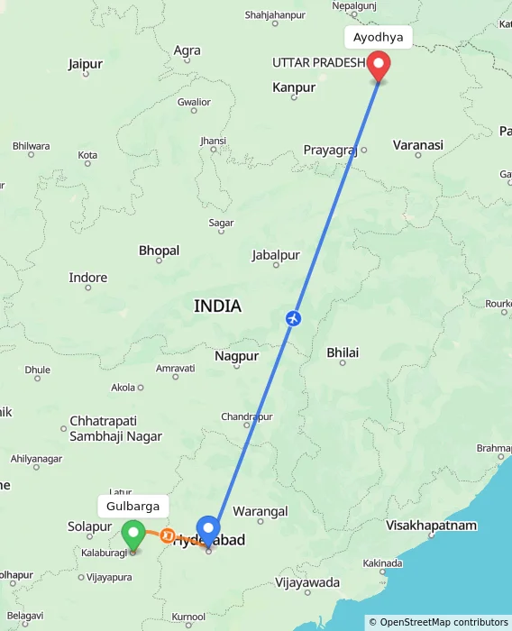 Route map showing distance and travel time from Gulbarga, India to Ayodhya, India