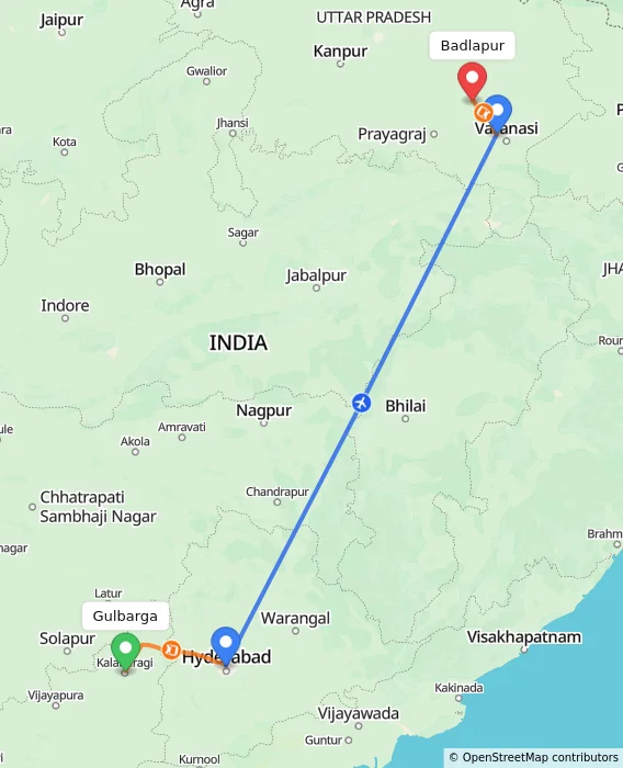 Route map showing distance and travel time from Gulbarga, India to Badlapur, India