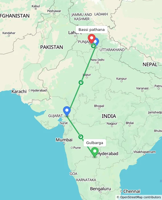 Route map showing distance and travel time from Gulbarga, India to Bassi pathana, India