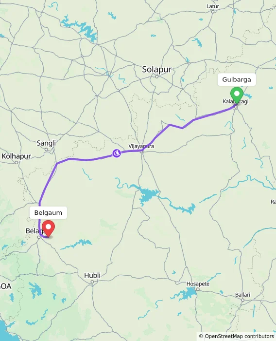 Route map showing distance and travel time from Gulbarga, India to Belgaum, India