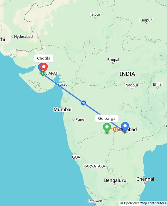 Route map showing distance and travel time from Gulbarga, India to Chotila, India