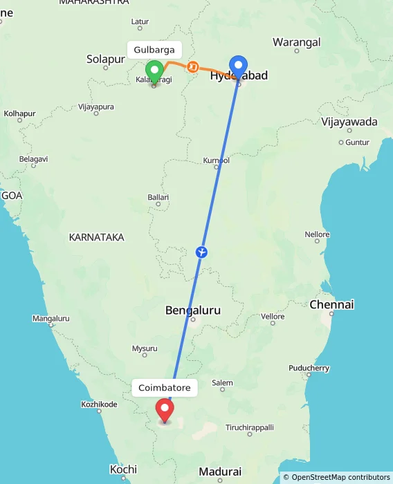 Route map showing distance and travel time from Gulbarga, India to Coimbatore, India