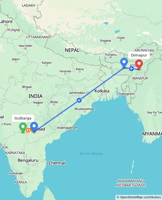 Route map showing distance and travel time from Gulbarga, India to Dimapur, India
