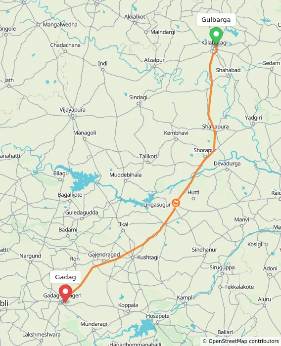 Route map showing distance and travel time from Gulbarga, India to Gadag, India