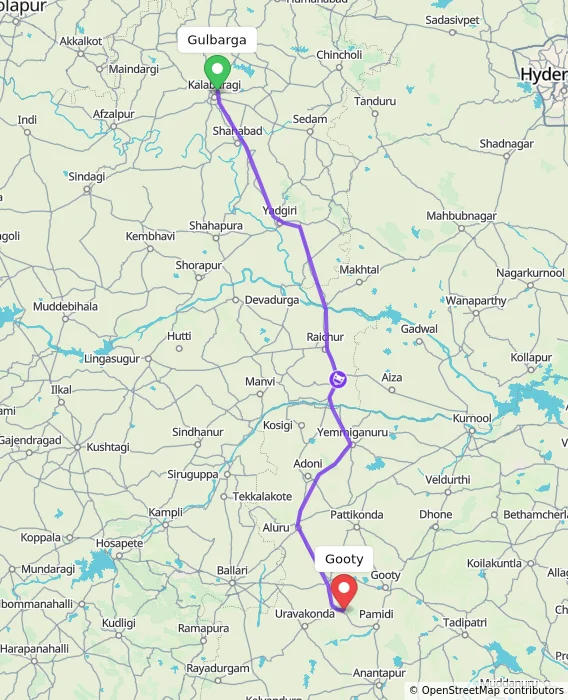 Route map showing distance and travel time from Gulbarga, India to Gooty, India