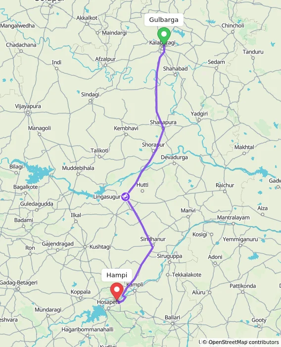 Route map showing distance and travel time from Gulbarga, India to Hampi, India