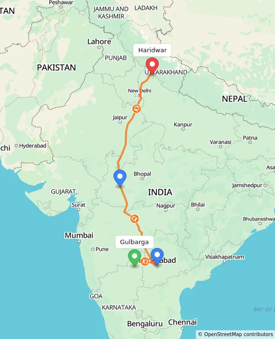 Route map showing distance and travel time from Gulbarga, India to Haridwar, India